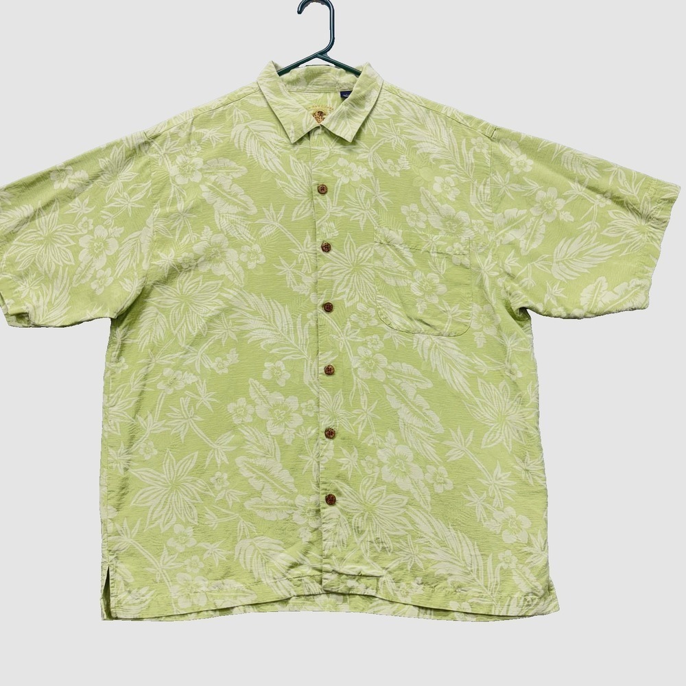 Eagle Dry Goods Shirt Mens Large Green‎ Silk Hawaiian Floral Pinnacle Club 2004